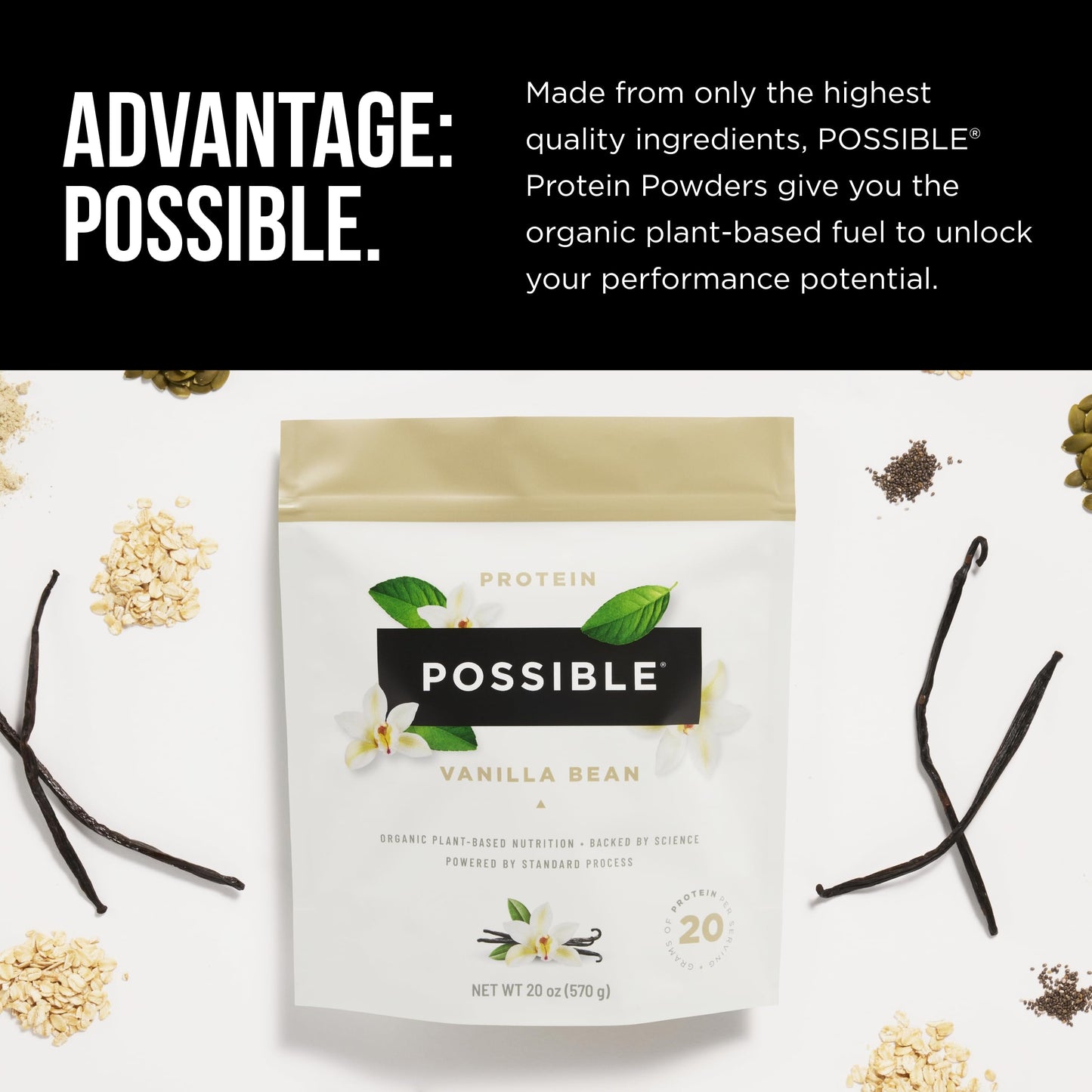 Possible Protein Powder Vanilla Bean - 20 Grams Vegan Plant-Based Protein Mix, Non-GMO, Organic, Non-Dairy - 30-Day Supply
