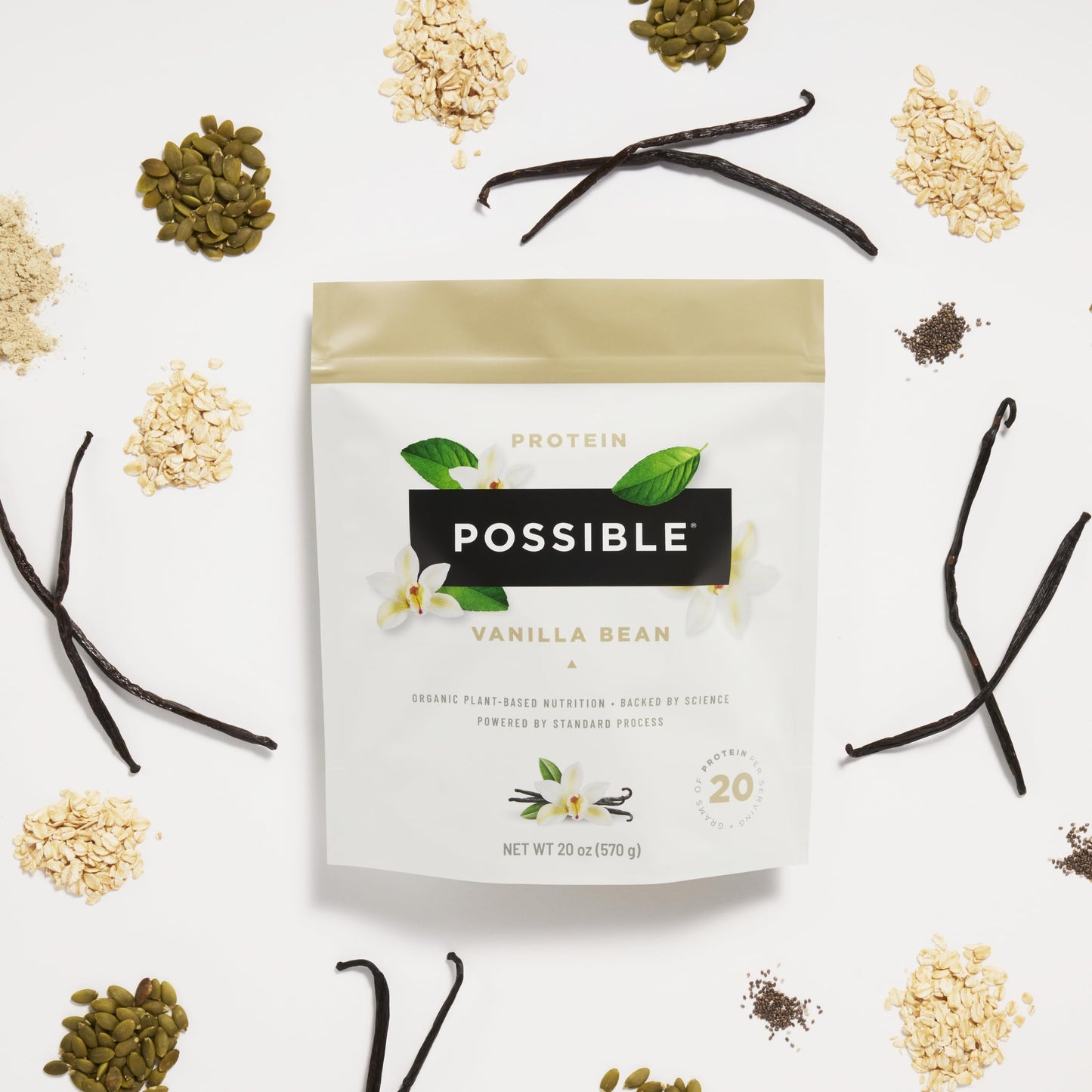 Possible Protein Powder Vanilla Bean - 20 Grams Vegan Plant-Based Protein Mix, Non-GMO, Organic, Non-Dairy - 30-Day Supply