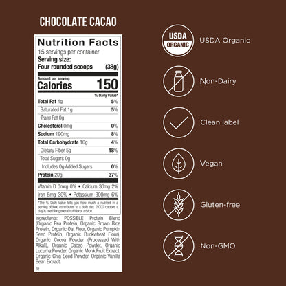 Possible Protein Powder Chocolate Cacao - 20 Grams Vegan Plant-Based Protein Mix, Non-GMO, Organic, Non-Dairy - 30-day supply