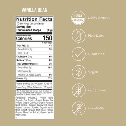 Possible Protein Powder Vanilla Bean - 20 Grams Vegan Plant-Based Protein Mix, Non-GMO, Organic, Non-Dairy - 30-Day Supply