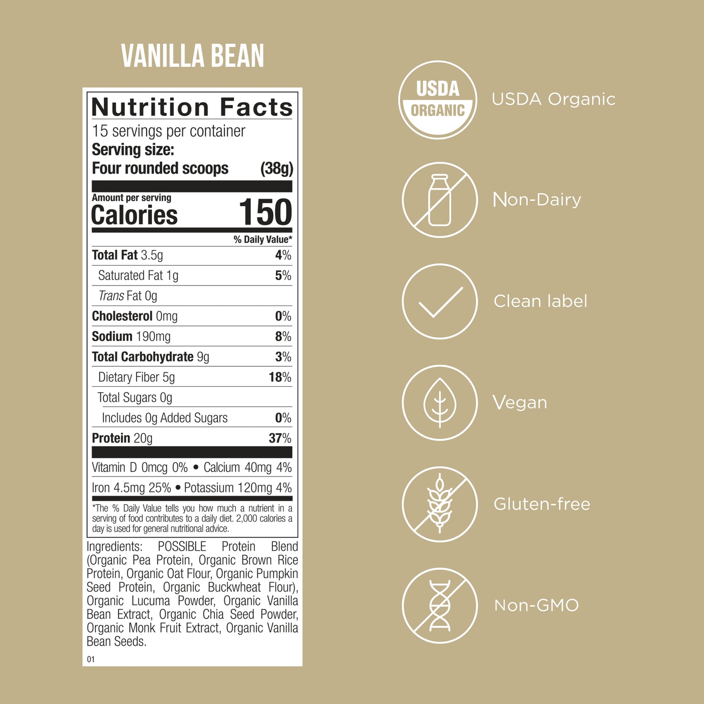 Possible Protein Powder Vanilla Bean - 20 Grams Vegan Plant-Based Protein Mix, Non-GMO, Organic, Non-Dairy - 30-Day Supply