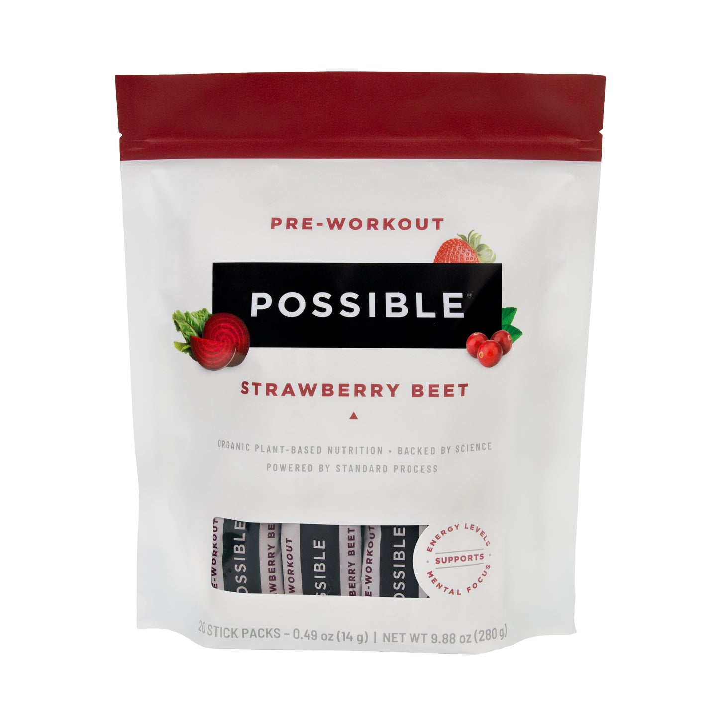 Possible Strawberry Beet Pre-Workout Protein Powder -  280 Grams Vegan Plant-Based Protein Mix, Non-GMO, Organic, Non-Dairy - 20 servings