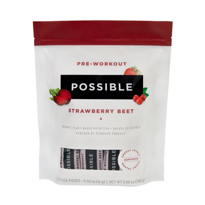 Possible Strawberry Beet Pre-Workout Protein Powder -  280 Grams Vegan Plant-Based Protein Mix, Non-GMO, Organic, Non-Dairy - 20 servings