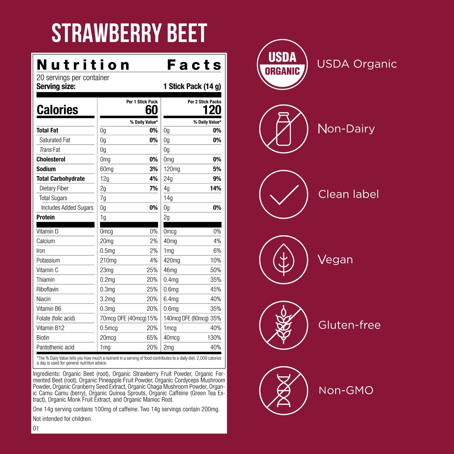 Possible Strawberry Beet Pre-Workout Protein Powder -  280 Grams Vegan Plant-Based Protein Mix, Non-GMO, Organic, Non-Dairy - 20 servings