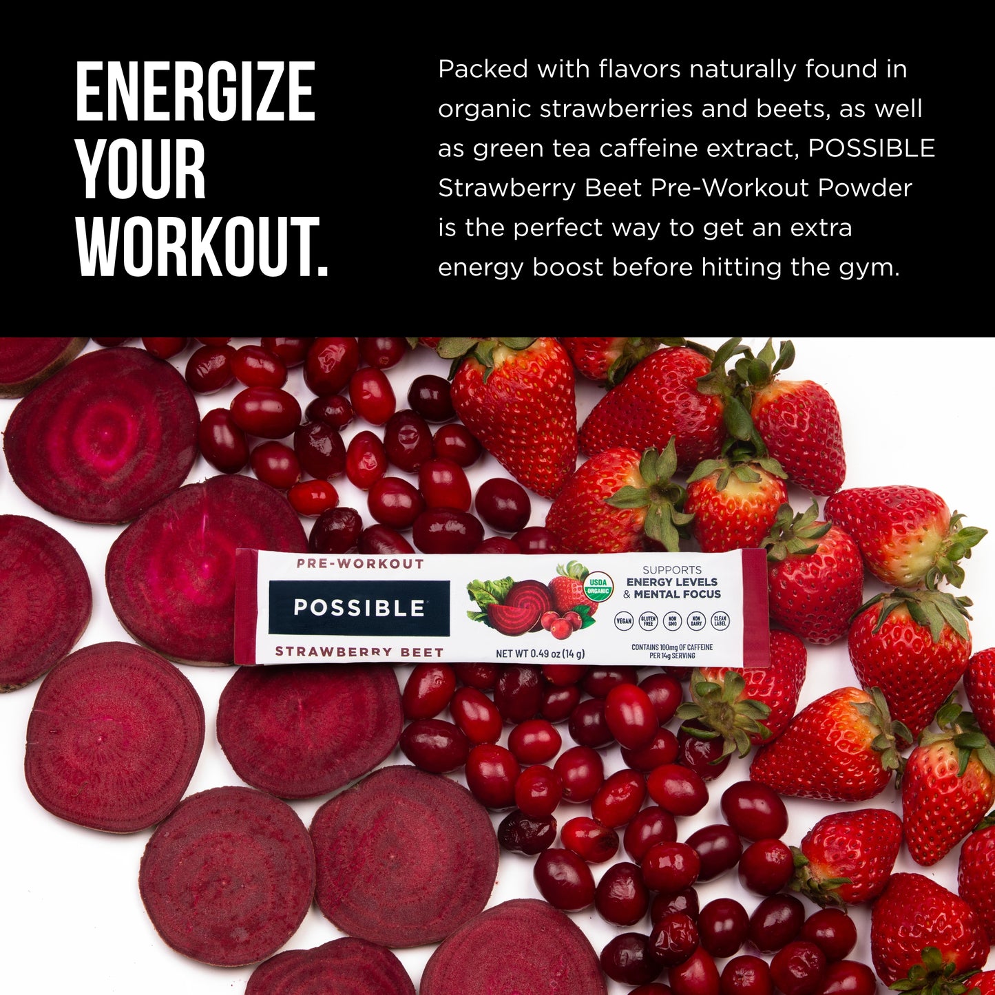 Possible Strawberry Beet Pre-Workout Protein Powder -  280 Grams Vegan Plant-Based Protein Mix, Non-GMO, Organic, Non-Dairy - 20 servings