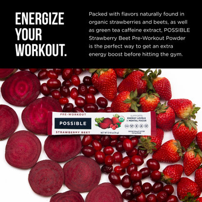 Possible Strawberry Beet Pre-Workout Protein Powder -  280 Grams Vegan Plant-Based Protein Mix, Non-GMO, Organic, Non-Dairy - 20 servings