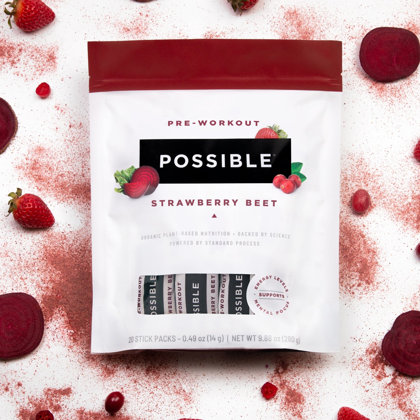 Possible Strawberry Beet Pre-Workout Protein Powder -  280 Grams Vegan Plant-Based Protein Mix, Non-GMO, Organic, Non-Dairy - 20 servings