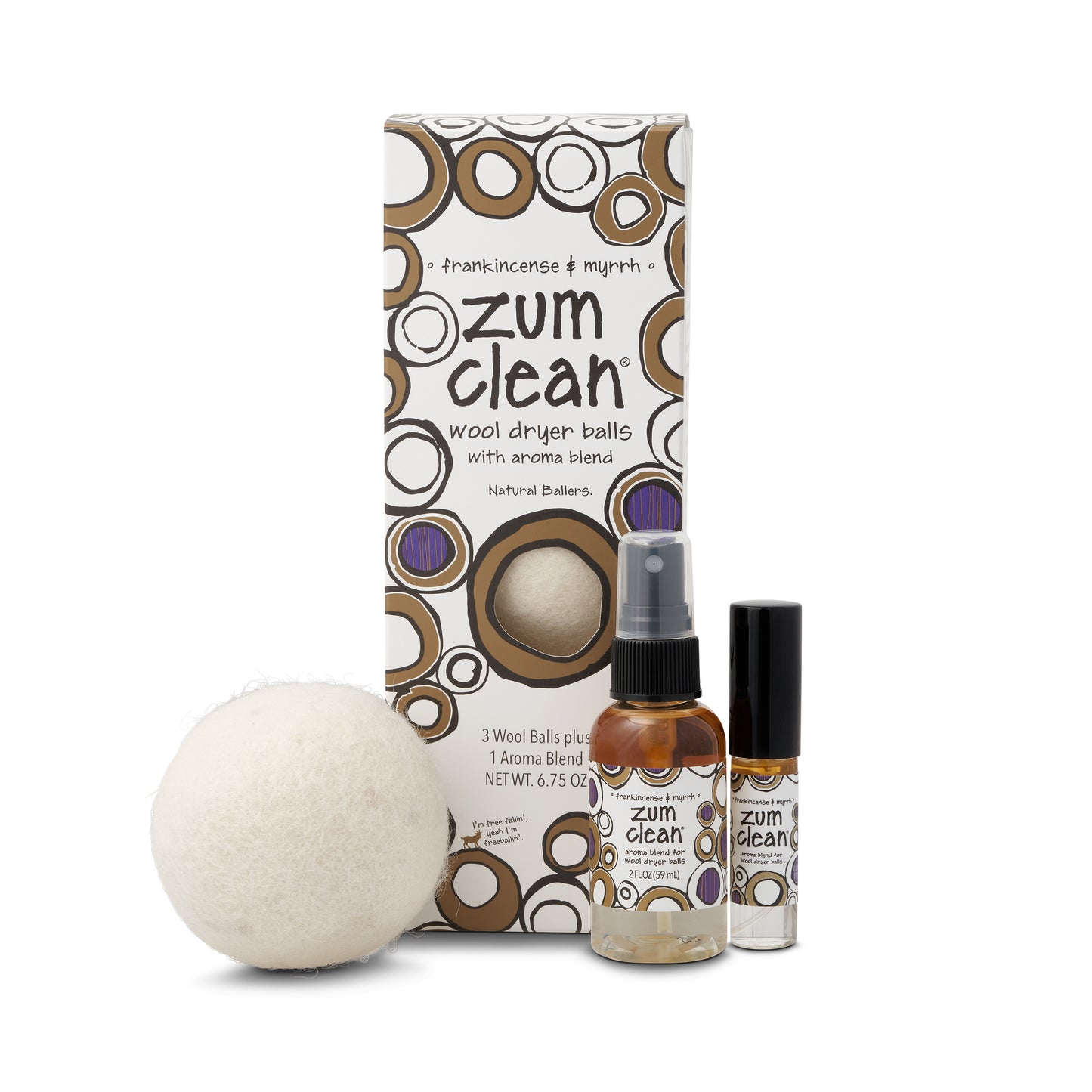 Zum Clean Frankincense & Myrrh Wool Dryer Balls Kit with Aroma Blend (3 Pack)