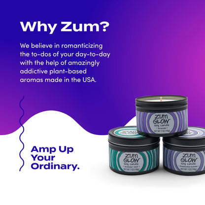 Zum Glow Soy Candle - Lavender Blends - Lavender, Lavender-Mint, Frankincense-Lavender - 7 oz (3 Pack)