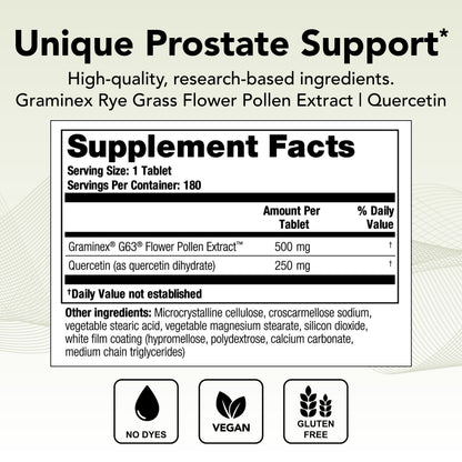 Theralogix Prostate PQ - Rye Grass Pollen Extract & Quercetin Supplement - 90-Day Supply - Antioxidant Support for Prostate & Pelvic Health & Urinary Tract Function* - NSF Certified - 180 Tablets