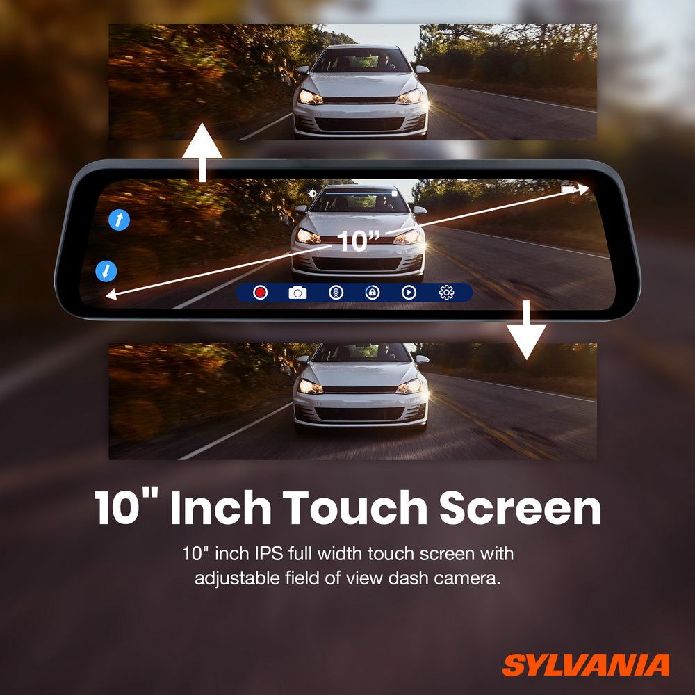 SYLVANIA - Roadsight Mirror Dash Camera and Backup Camera - 340 Degree View - HD 1080p, Elastic Mount, 32GB Memory Card, G-Sensor, 9.66" LED IPS Touch Screen, Truck, Car, Taxi