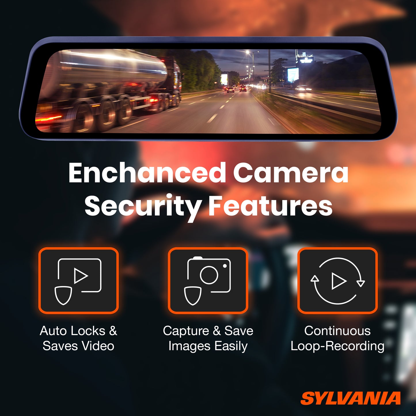 SYLVANIA - Roadsight Mirror Dash Camera and Backup Camera - 340 Degree View - HD 1080p, Elastic Mount, 32GB Memory Card, G-Sensor, 9.66" LED IPS Touch Screen, Truck, Car, Taxi