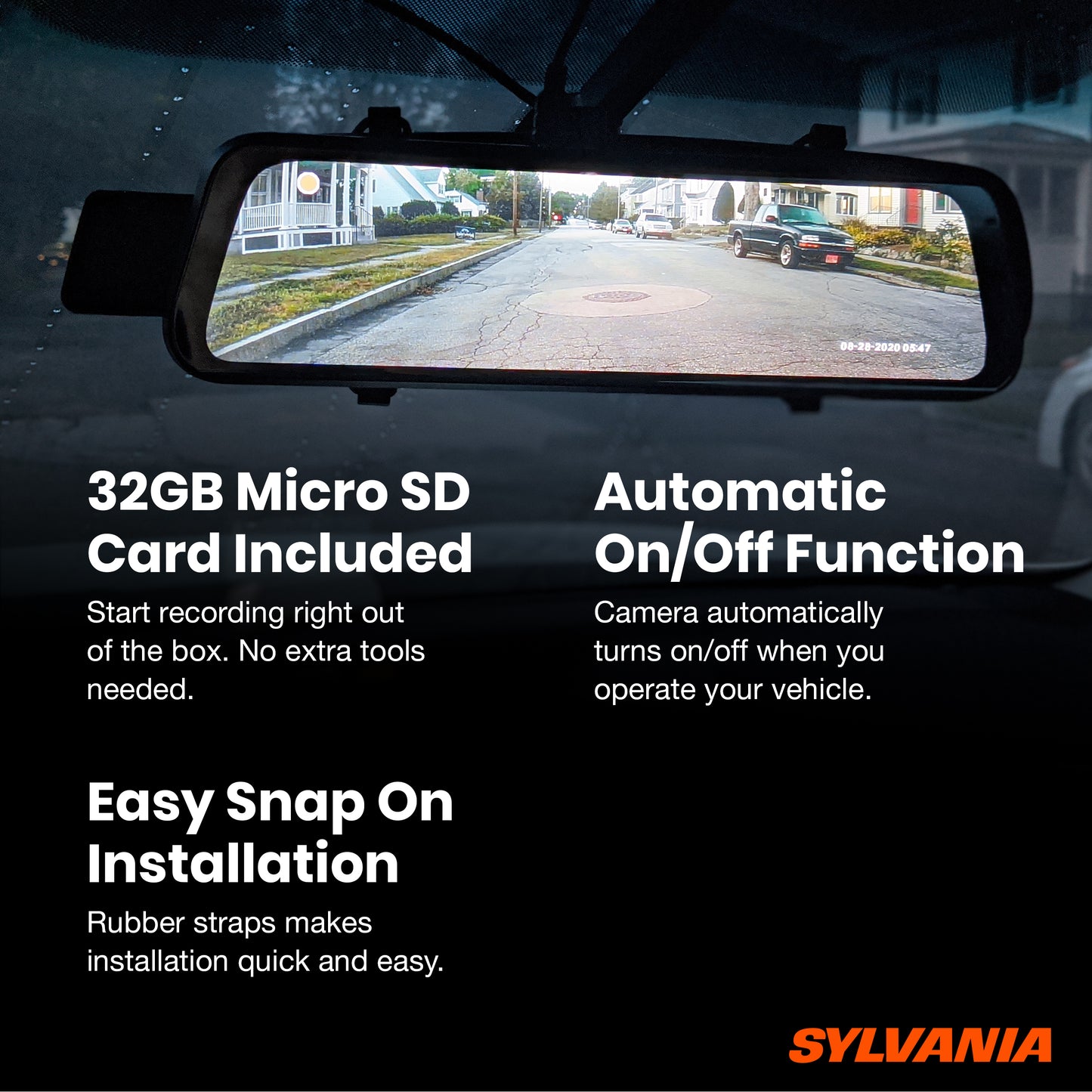 SYLVANIA - Roadsight Mirror Dash Camera and Backup Camera - 340 Degree View - HD 1080p, Elastic Mount, 32GB Memory Card, G-Sensor, 9.66" LED IPS Touch Screen, Truck, Car, Taxi