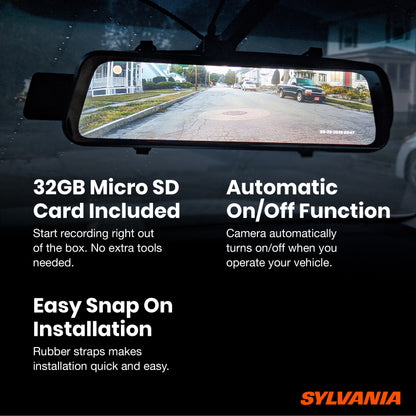 SYLVANIA - Roadsight Mirror Dash Camera and Backup Camera - 340 Degree View - HD 1080p, Elastic Mount, 32GB Memory Card, G-Sensor, 9.66" LED IPS Touch Screen, Truck, Car, Taxi