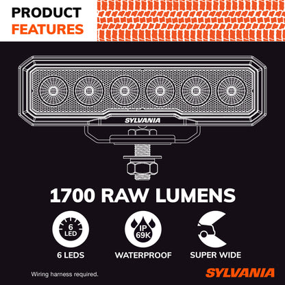 SYLVANIA Rugged 6 Inch Flood LED Light Bar | Lifetime Limited Warranty | Flood Light 1700 Raw Lumens, Quality Off Road Driving Work Light, Truck, Boat, Tractor, ATV, UTV, SUV, 4x4 (1 PC)