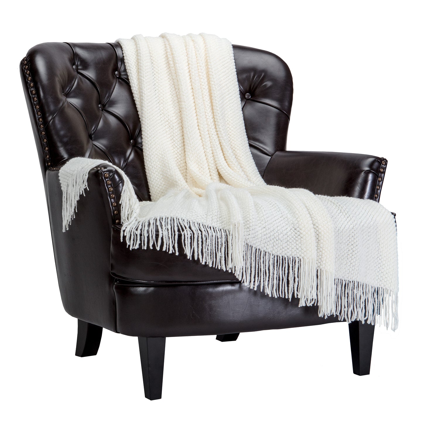 Chanasya Textured Knitted Ivory Throw Blanket with Tassels - Soft Acrylic Bohemian Farmhouse Chic Accent Throws - Decorative for Sofa Couch Bed Living Room Ivory (50x65 Inch) Boho Cream Blanket