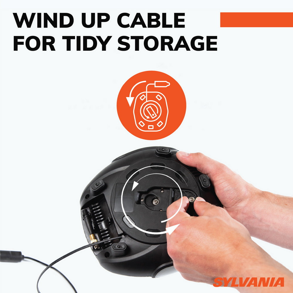 Sylvania Rapid Portable Tire Inflator - Large LED Digital Display Gauge with Quick Set Auto Stop Inflation and Setting Memory - LED Work Light -Carrying Case, Gloves, Spare Valve Stem Caps, Spare Fuse