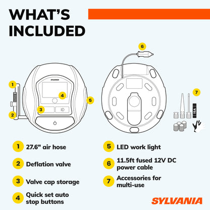 Sylvania Rapid Portable Tire Inflator - Large LED Digital Display Gauge with Quick Set Auto Stop Inflation and Setting Memory - LED Work Light -Carrying Case, Gloves, Spare Valve Stem Caps, Spare Fuse