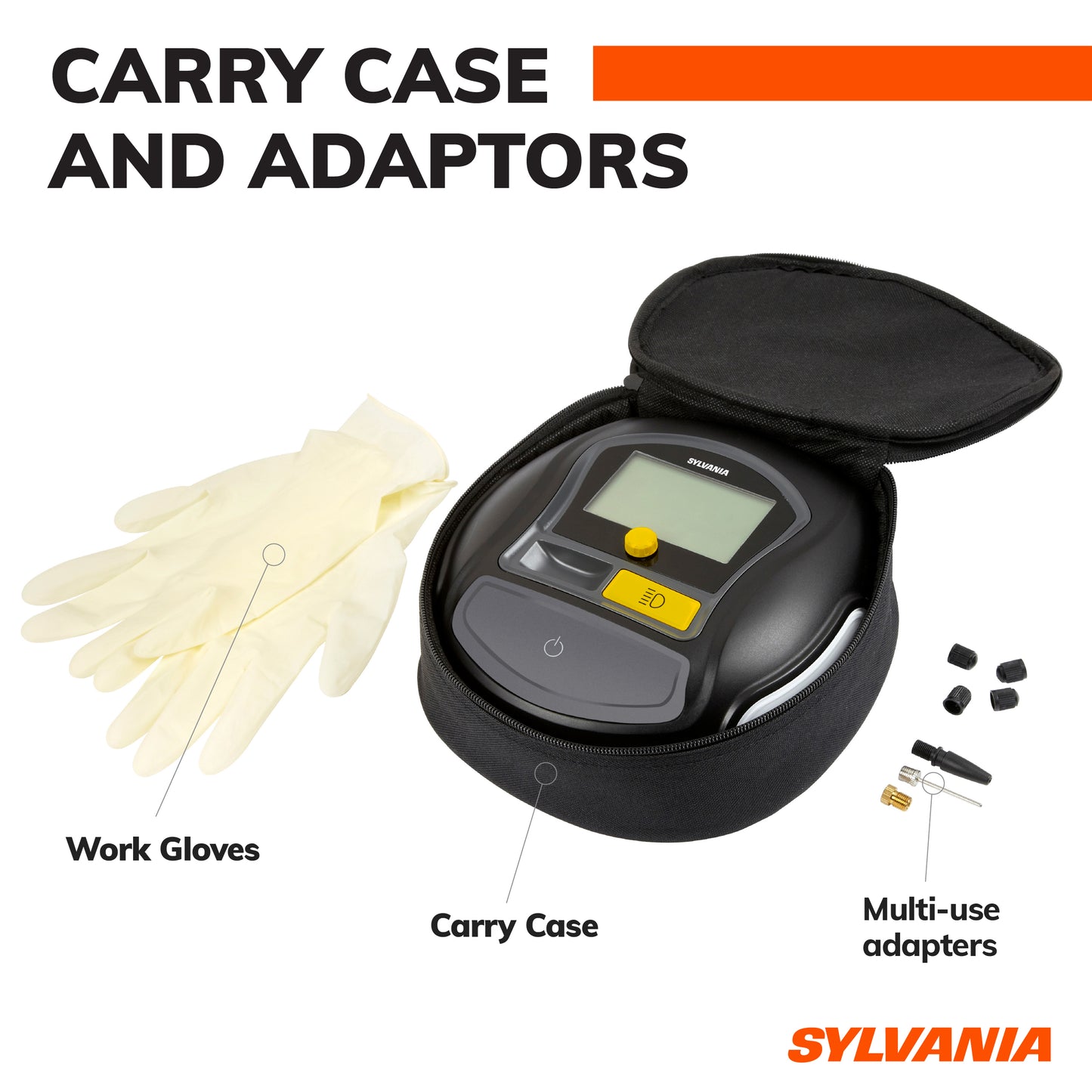 Sylvania Rapid Portable Tire Inflator - Large LED Digital Display Gauge with Quick Set Auto Stop Inflation and Setting Memory - LED Work Light -Carrying Case, Gloves, Spare Valve Stem Caps, Spare Fuse