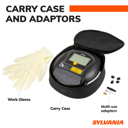 Sylvania Rapid Portable Tire Inflator - Large LED Digital Display Gauge with Quick Set Auto Stop Inflation and Setting Memory - LED Work Light -Carrying Case, Gloves, Spare Valve Stem Caps, Spare Fuse