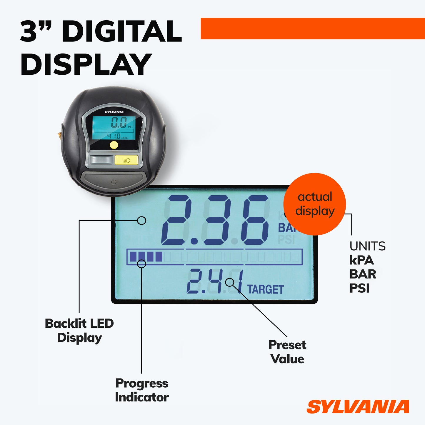 Sylvania Rapid Portable Tire Inflator - Large LED Digital Display Gauge with Quick Set Auto Stop Inflation and Setting Memory - LED Work Light -Carrying Case, Gloves, Spare Valve Stem Caps, Spare Fuse