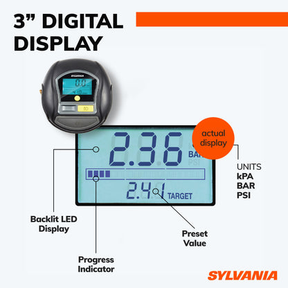 Sylvania Rapid Portable Tire Inflator - Large LED Digital Display Gauge with Quick Set Auto Stop Inflation and Setting Memory - LED Work Light -Carrying Case, Gloves, Spare Valve Stem Caps, Spare Fuse
