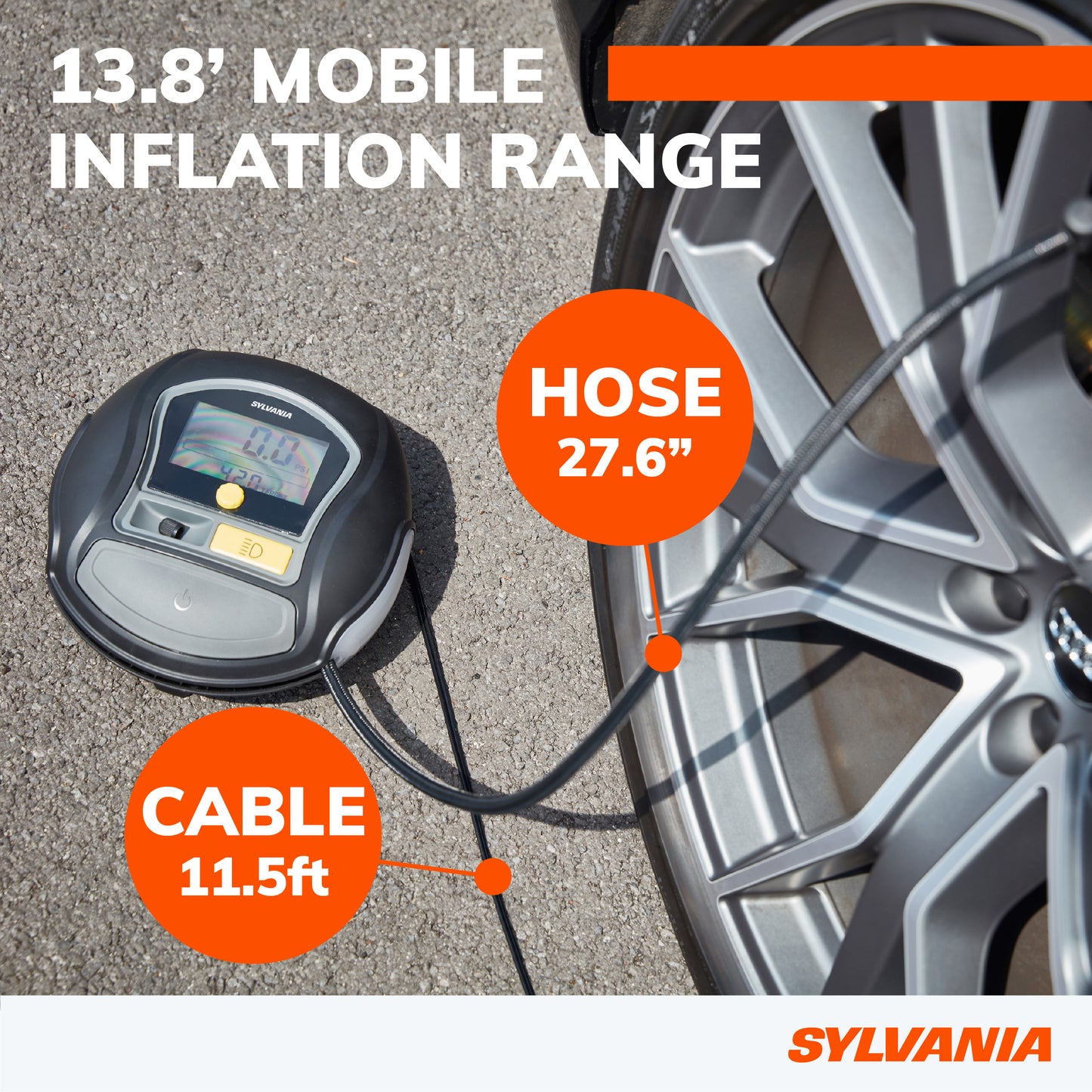 Sylvania Rapid Portable Tire Inflator - Large LED Digital Display Gauge with Quick Set Auto Stop Inflation and Setting Memory - LED Work Light -Carrying Case, Gloves, Spare Valve Stem Caps, Spare Fuse