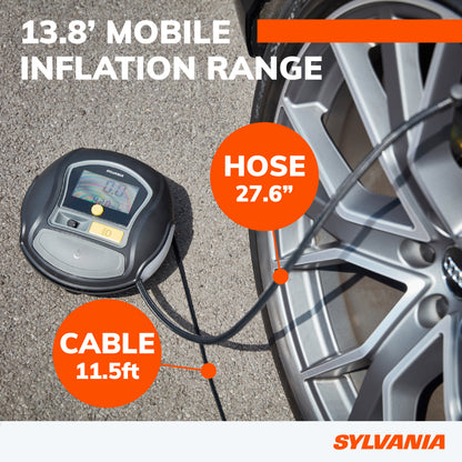 Sylvania Rapid Portable Tire Inflator - Large LED Digital Display Gauge with Quick Set Auto Stop Inflation and Setting Memory - LED Work Light -Carrying Case, Gloves, Spare Valve Stem Caps, Spare Fuse