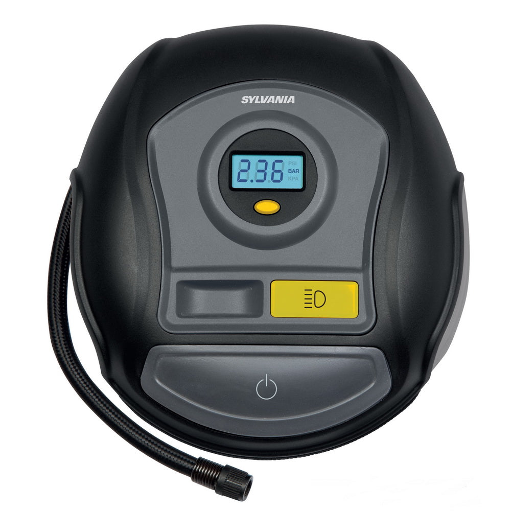 SYLVANIA - PLUS Portable Tire Inflator - LED Digital Display Gauge - LED Work Light - 3 Piece Adapter Set for Sports Balls, Vehicle Tires, Bike Tires, and Inflatable Toys