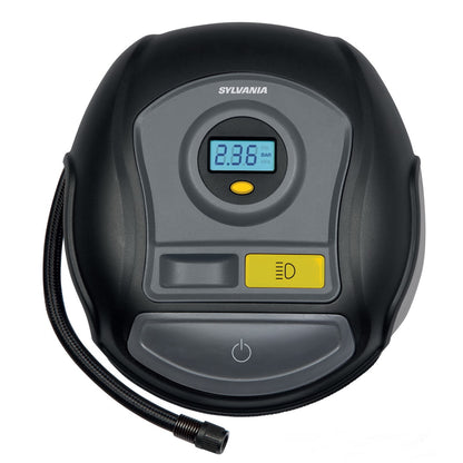 SYLVANIA - PLUS Portable Tire Inflator - LED Digital Display Gauge - LED Work Light - 3 Piece Adapter Set for Sports Balls, Vehicle Tires, Bike Tires, and Inflatable Toys