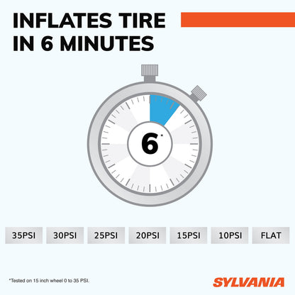 SYLVANIA - PLUS Portable Tire Inflator - LED Digital Display Gauge - LED Work Light - 3 Piece Adapter Set for Sports Balls, Vehicle Tires, Bike Tires, and Inflatable Toys