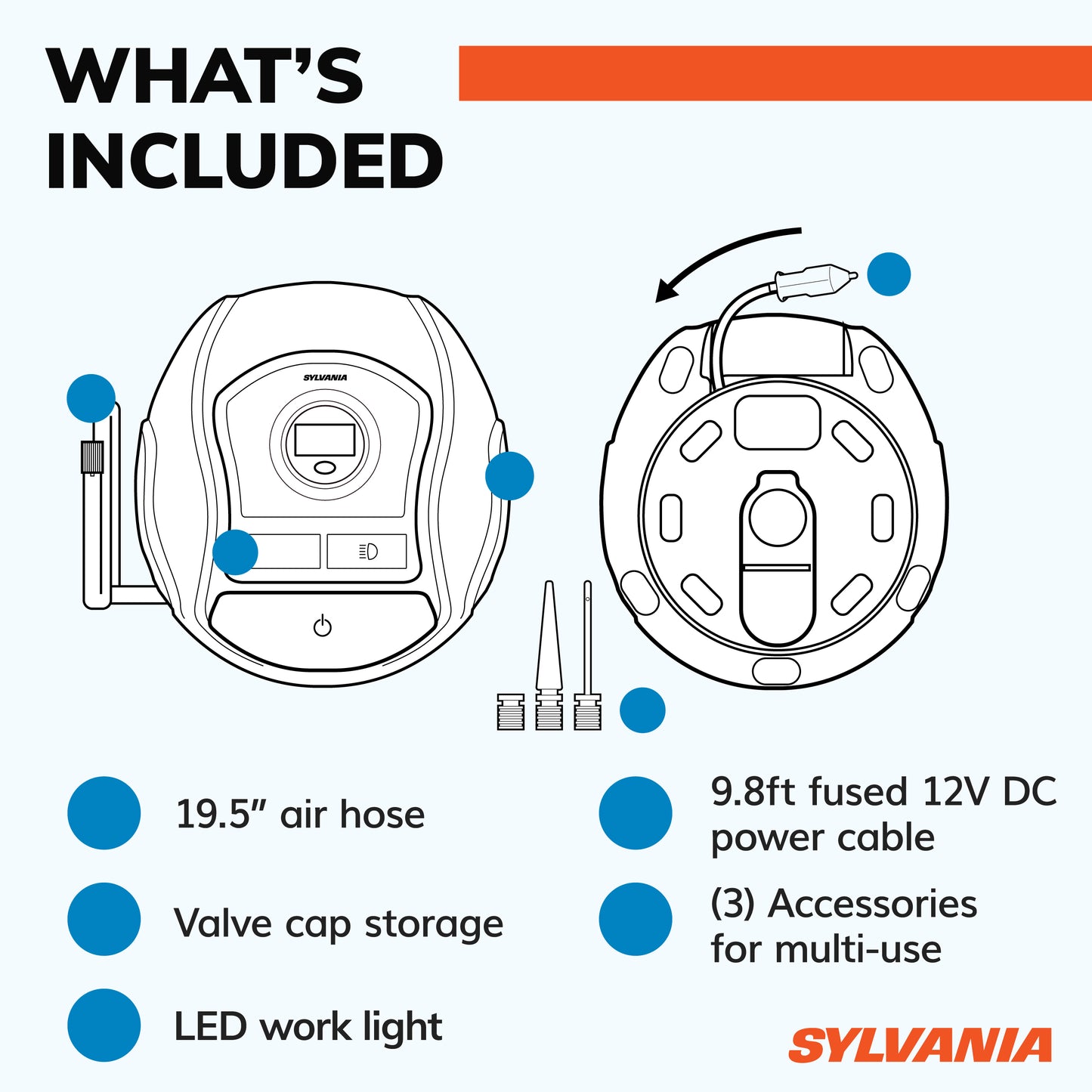 SYLVANIA - PLUS Portable Tire Inflator - LED Digital Display Gauge - LED Work Light - 3 Piece Adapter Set for Sports Balls, Vehicle Tires, Bike Tires, and Inflatable Toys