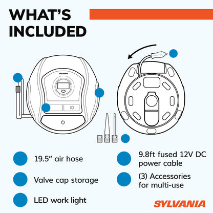 SYLVANIA - PLUS Portable Tire Inflator - LED Digital Display Gauge - LED Work Light - 3 Piece Adapter Set for Sports Balls, Vehicle Tires, Bike Tires, and Inflatable Toys