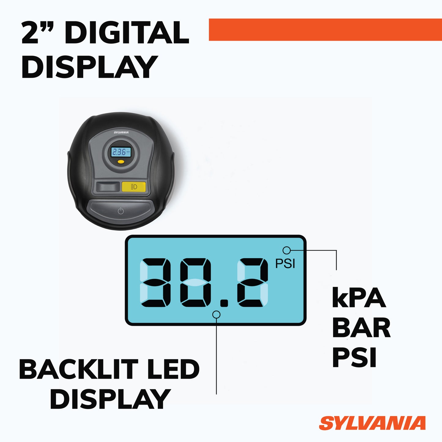 SYLVANIA - PLUS Portable Tire Inflator - LED Digital Display Gauge - LED Work Light - 3 Piece Adapter Set for Sports Balls, Vehicle Tires, Bike Tires, and Inflatable Toys