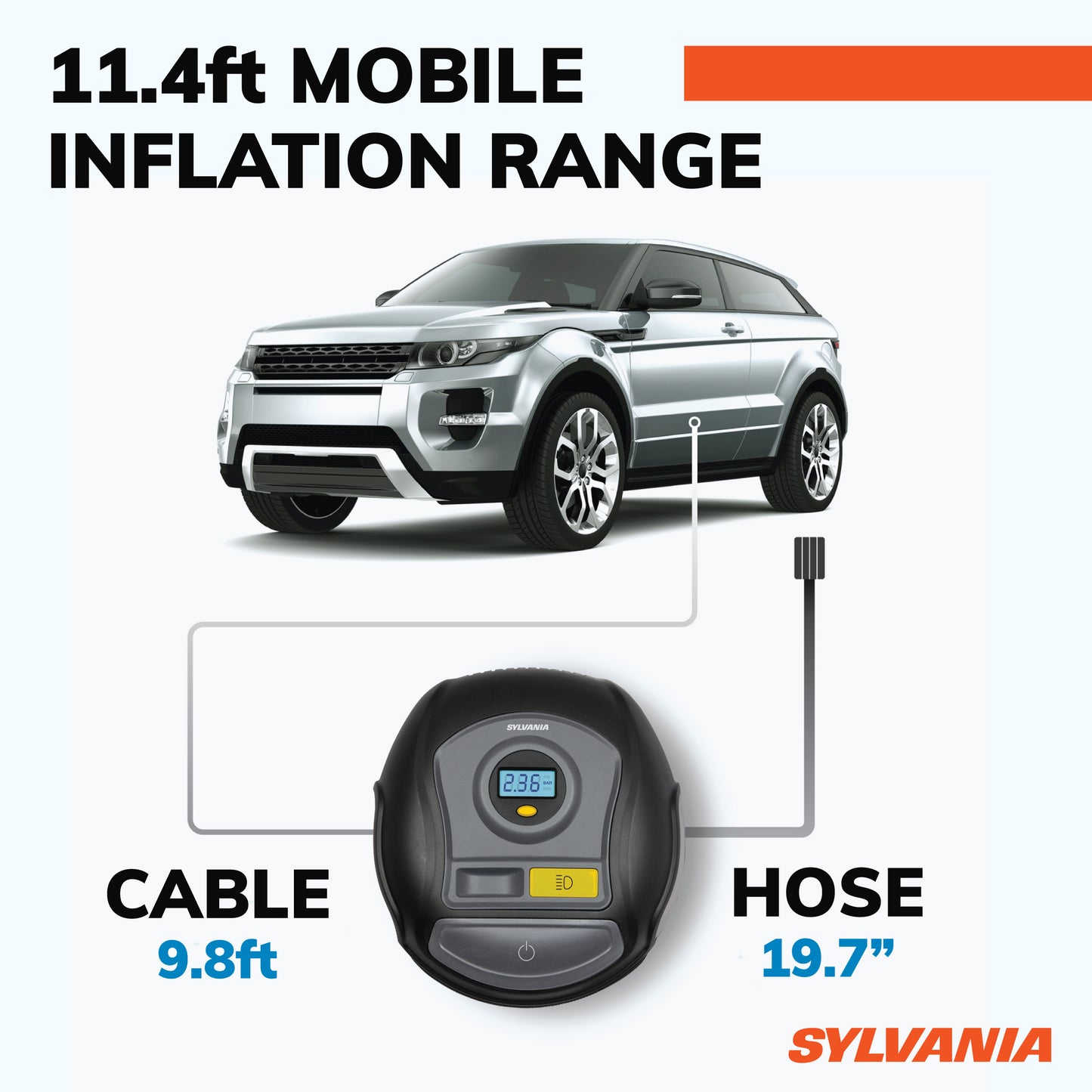 SYLVANIA - PLUS Portable Tire Inflator - LED Digital Display Gauge - LED Work Light - 3 Piece Adapter Set for Sports Balls, Vehicle Tires, Bike Tires, and Inflatable Toys