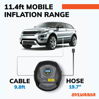 SYLVANIA - PLUS Portable Tire Inflator - LED Digital Display Gauge - LED Work Light - 3 Piece Adapter Set for Sports Balls, Vehicle Tires, Bike Tires, and Inflatable Toys