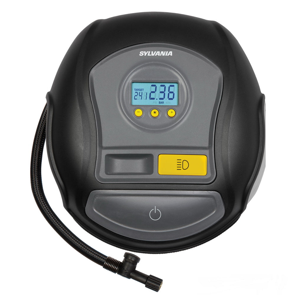 SYLVANIA - PRO Portable Tire Inflator - LED Digital Display Gauge with Auto Stop Inflation - LED Work Light Carrying Case 3 Piece Adapters for Sports Balls, Vehicle Tires, Bike Tires, & Inflatable Toy
