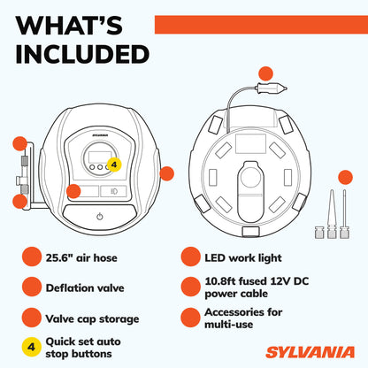 SYLVANIA - PRO Portable Tire Inflator - LED Digital Display Gauge with Auto Stop Inflation - LED Work Light Carrying Case 3 Piece Adapters for Sports Balls, Vehicle Tires, Bike Tires, & Inflatable Toy