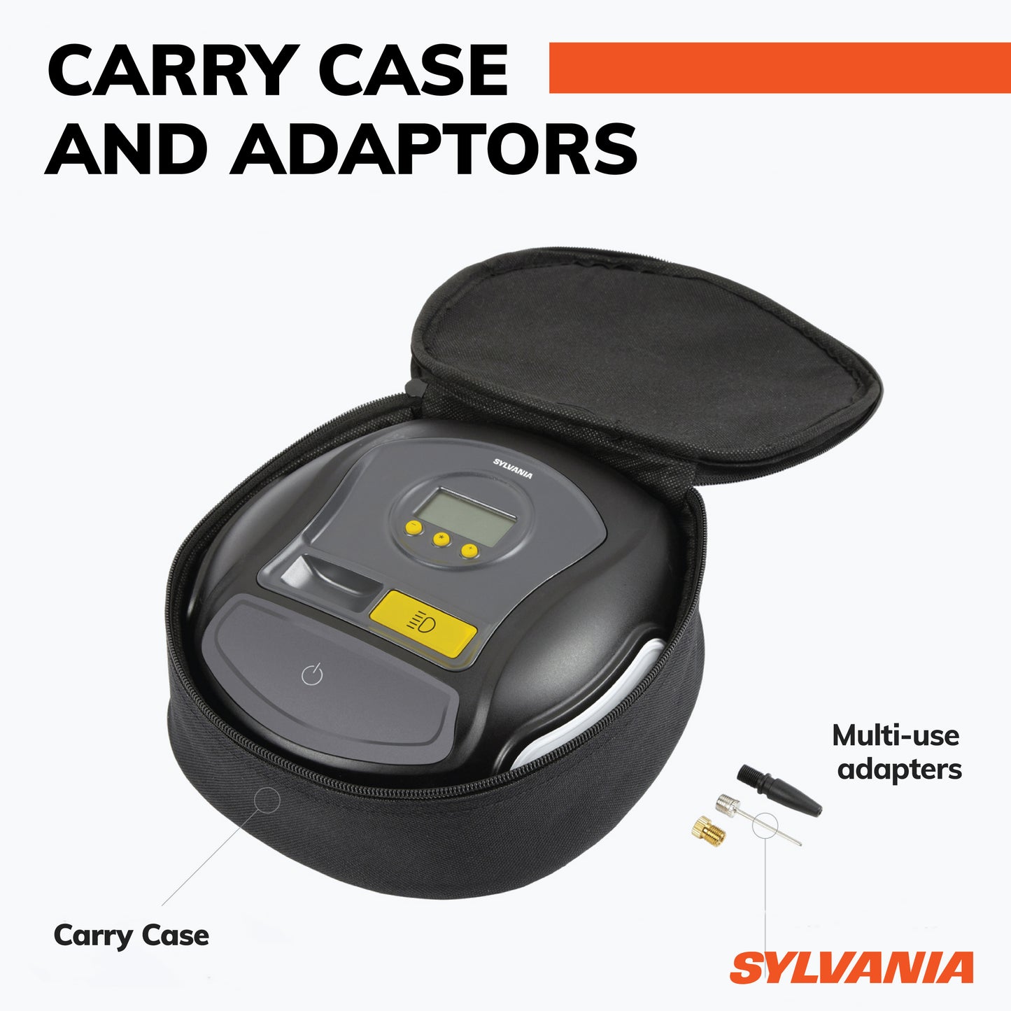 SYLVANIA - PRO Portable Tire Inflator - LED Digital Display Gauge with Auto Stop Inflation - LED Work Light Carrying Case 3 Piece Adapters for Sports Balls, Vehicle Tires, Bike Tires, & Inflatable Toy