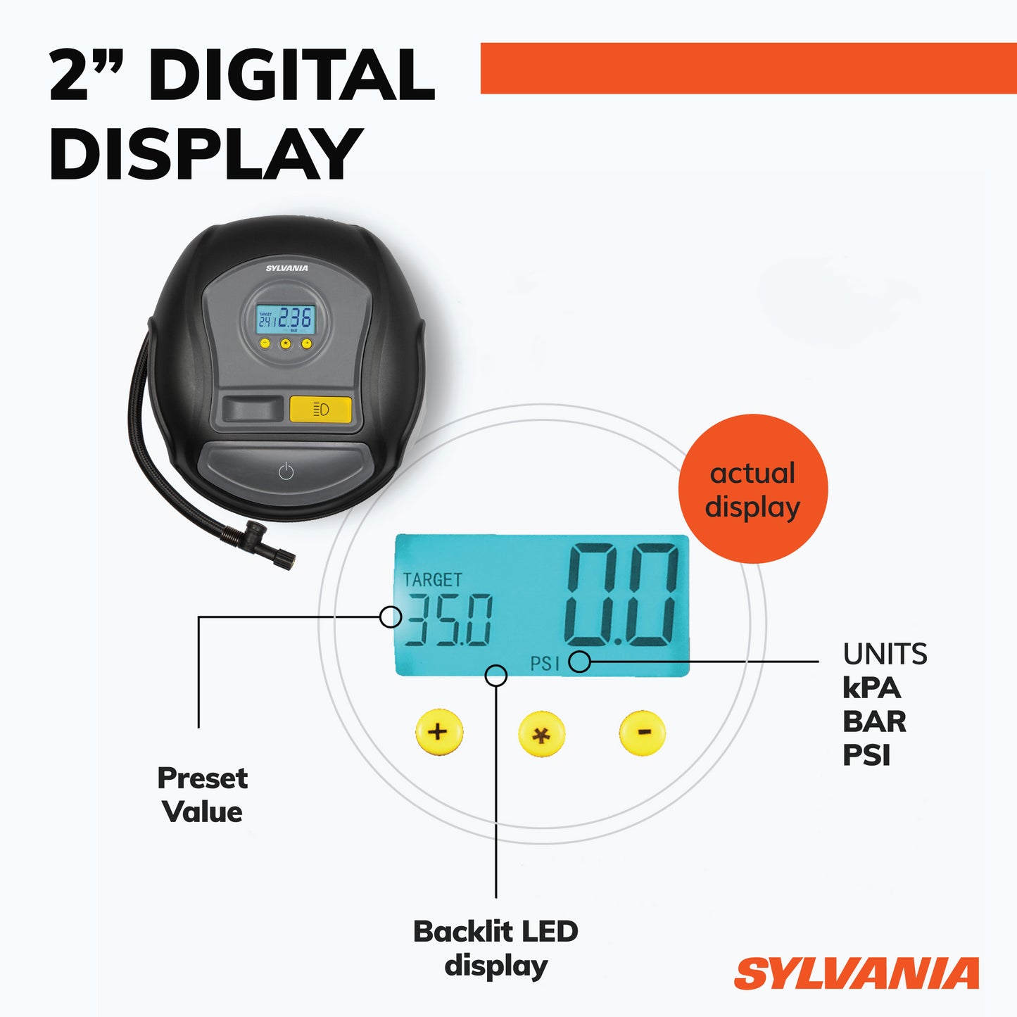 SYLVANIA - PRO Portable Tire Inflator - LED Digital Display Gauge with Auto Stop Inflation - LED Work Light Carrying Case 3 Piece Adapters for Sports Balls, Vehicle Tires, Bike Tires, & Inflatable Toy