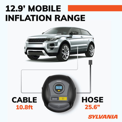 SYLVANIA - PRO Portable Tire Inflator - LED Digital Display Gauge with Auto Stop Inflation - LED Work Light Carrying Case 3 Piece Adapters for Sports Balls, Vehicle Tires, Bike Tires, & Inflatable Toy