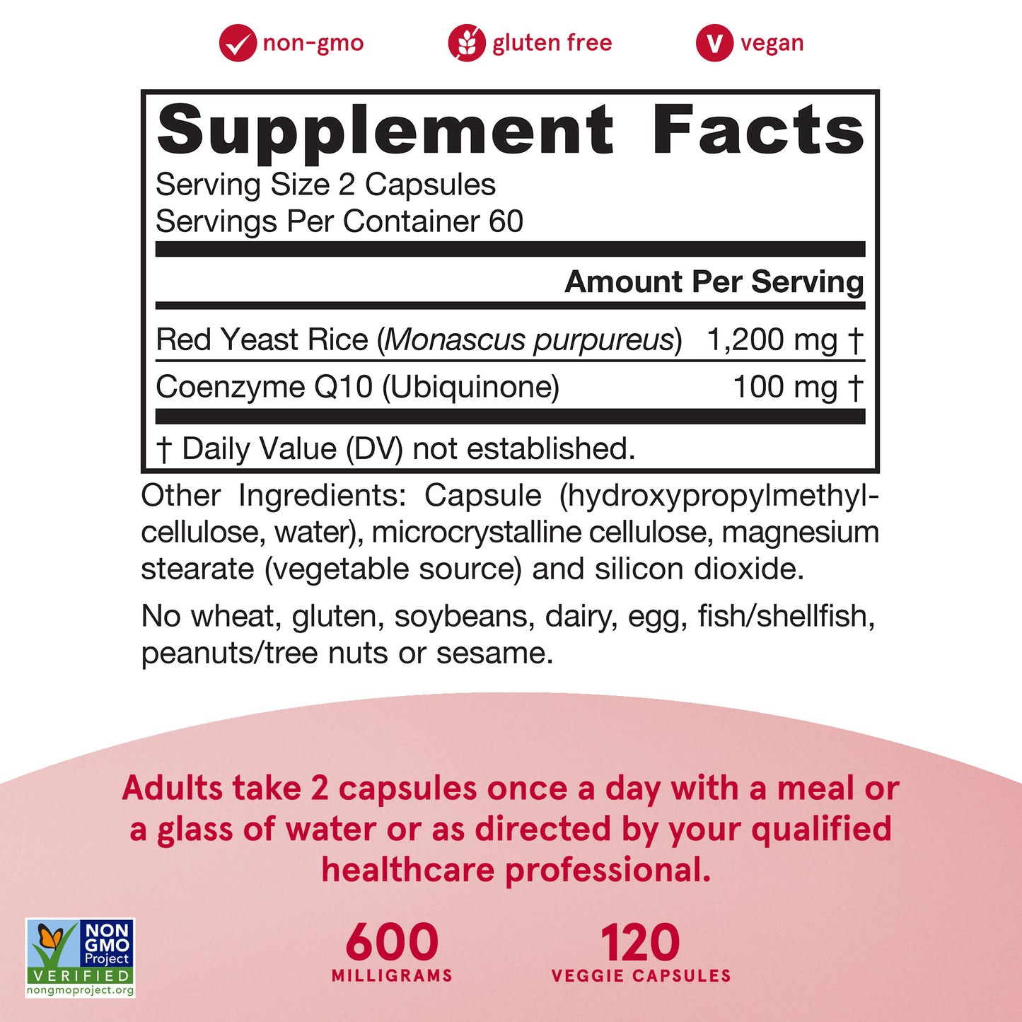 Jarrow Formulas Red Yeast Rice - 120 Veggie Caps - Includes 100 mg Co-Q10 Per Serving - Supports Heart & Cardiovascular Health - 60 Servings