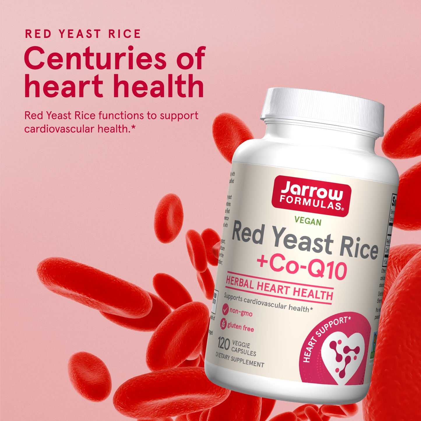 Jarrow Formulas Red Yeast Rice - 120 Veggie Caps - Includes 100 mg Co-Q10 Per Serving - Supports Heart & Cardiovascular Health - 60 Servings