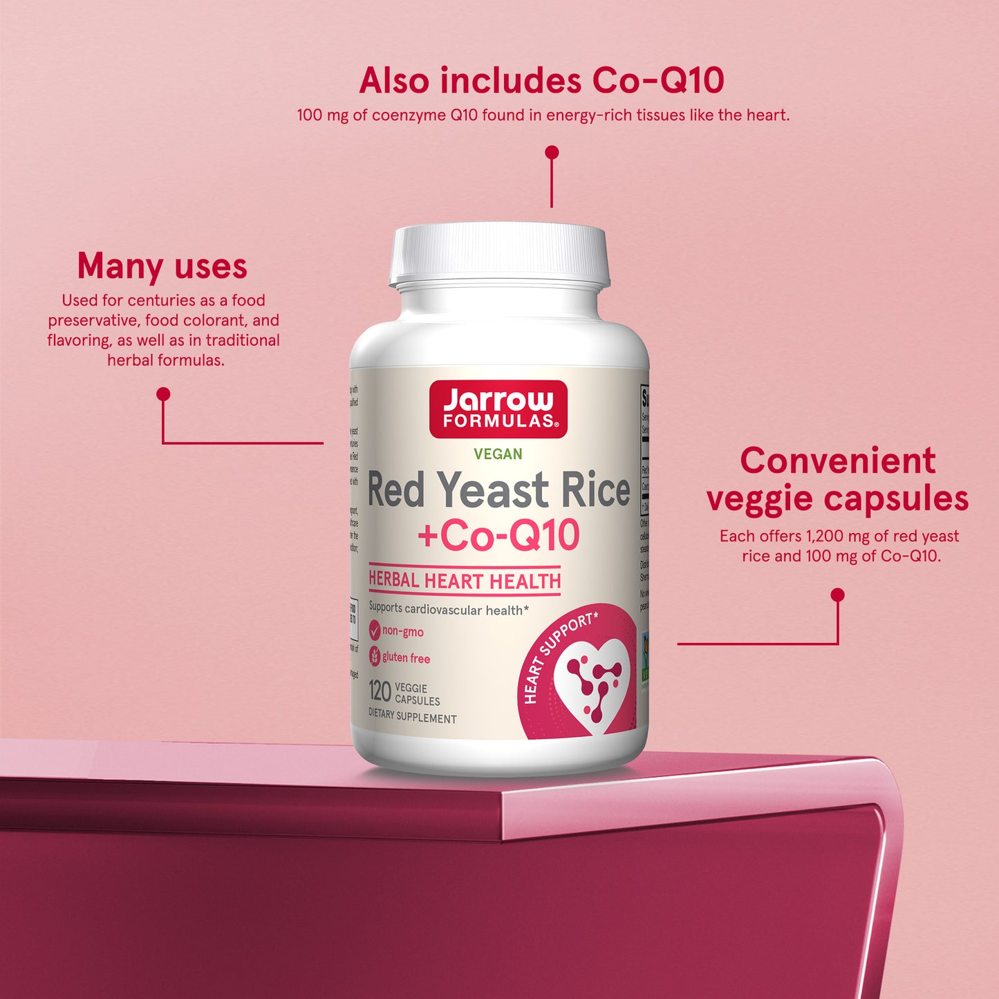 Jarrow Formulas Red Yeast Rice - 120 Veggie Caps - Includes 100 mg Co-Q10 Per Serving - Supports Heart & Cardiovascular Health - 60 Servings