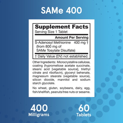 Jarrow Formulas SAMe 400 mg - 60 Tablets - Highest Concentration of Active S,S Form - Supports Joint Health, Liver Function, Brain Metabolism, & Antioxidant Defense - 60 Servings