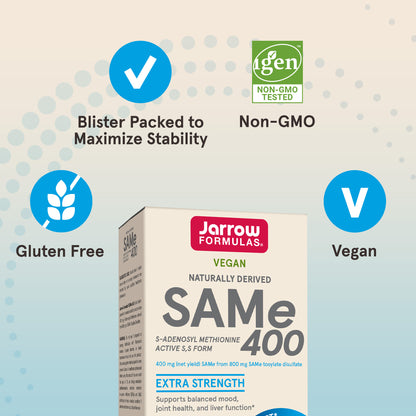 Jarrow Formulas SAMe 400 mg - 60 Tablets - Highest Concentration of Active S,S Form - Supports Joint Health, Liver Function, Brain Metabolism, & Antioxidant Defense - 60 Servings