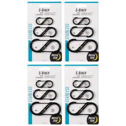 Nite Ize S-Biner Stainless Steel Dual Carabiner Combo - Black - 12 Count (4 Pack)