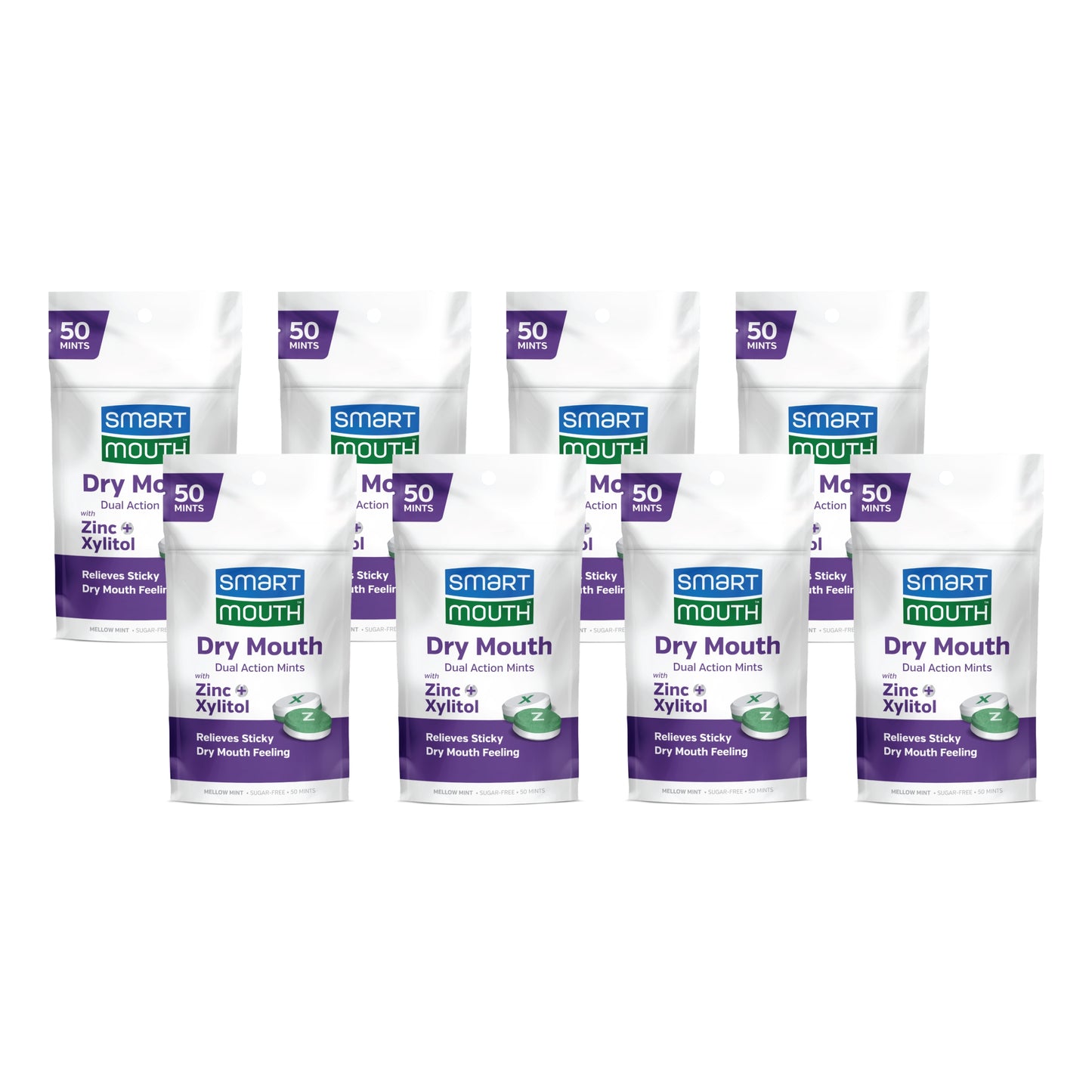 SmartMouth Dry Mouth Dual-Action Relief Mints, Breath Freshener, Sugar-Free Mint, 50 Ct, 8 Pack