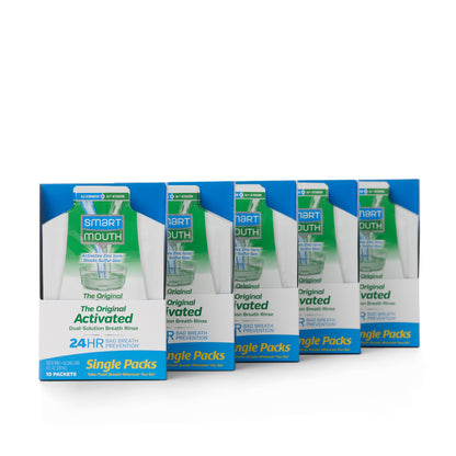 SmartMouth Mouthwash Travel Packets for 24 Hours of Fresh Breath Guaranteed, 5 Boxes, 10 Packs Each