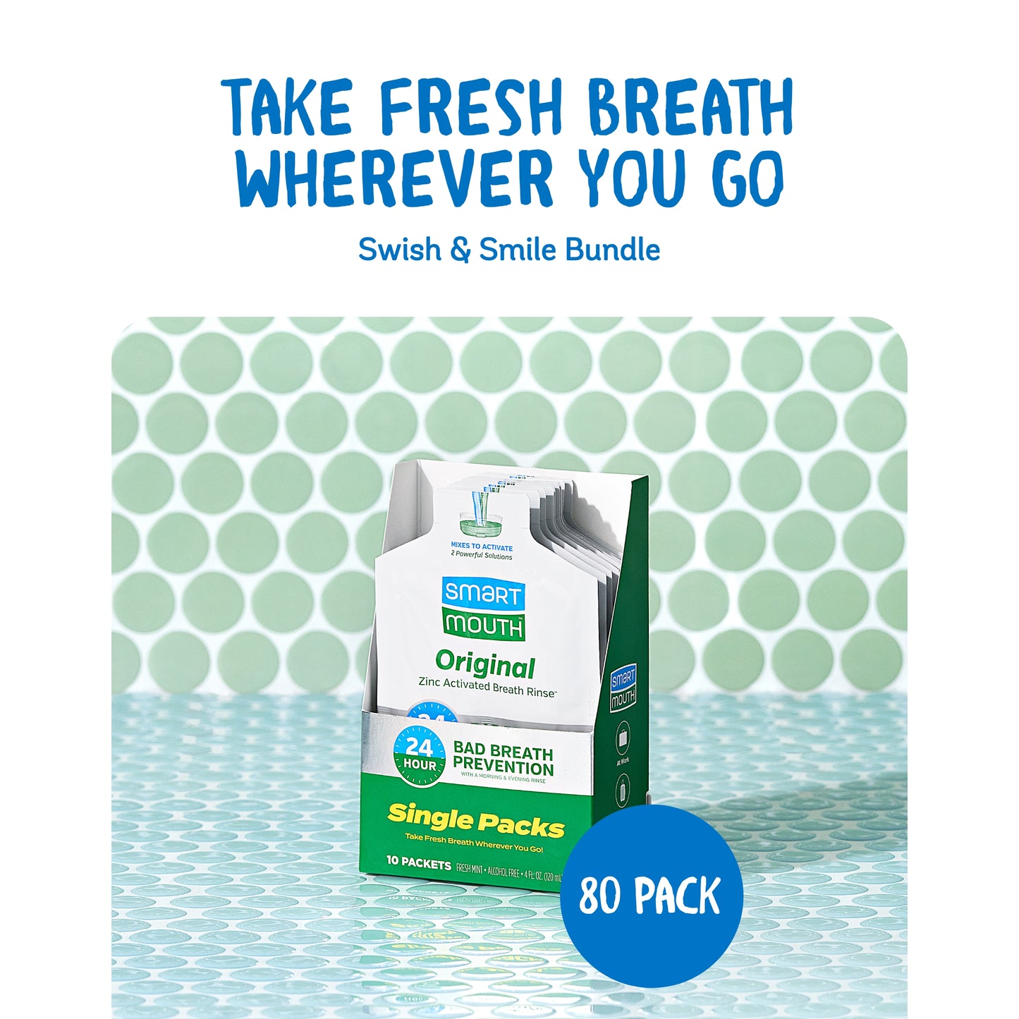 SmartMouth Original Activated Mouthwash Single Packs, Travel Mouthwash, Fresh Mint, 80 Pack